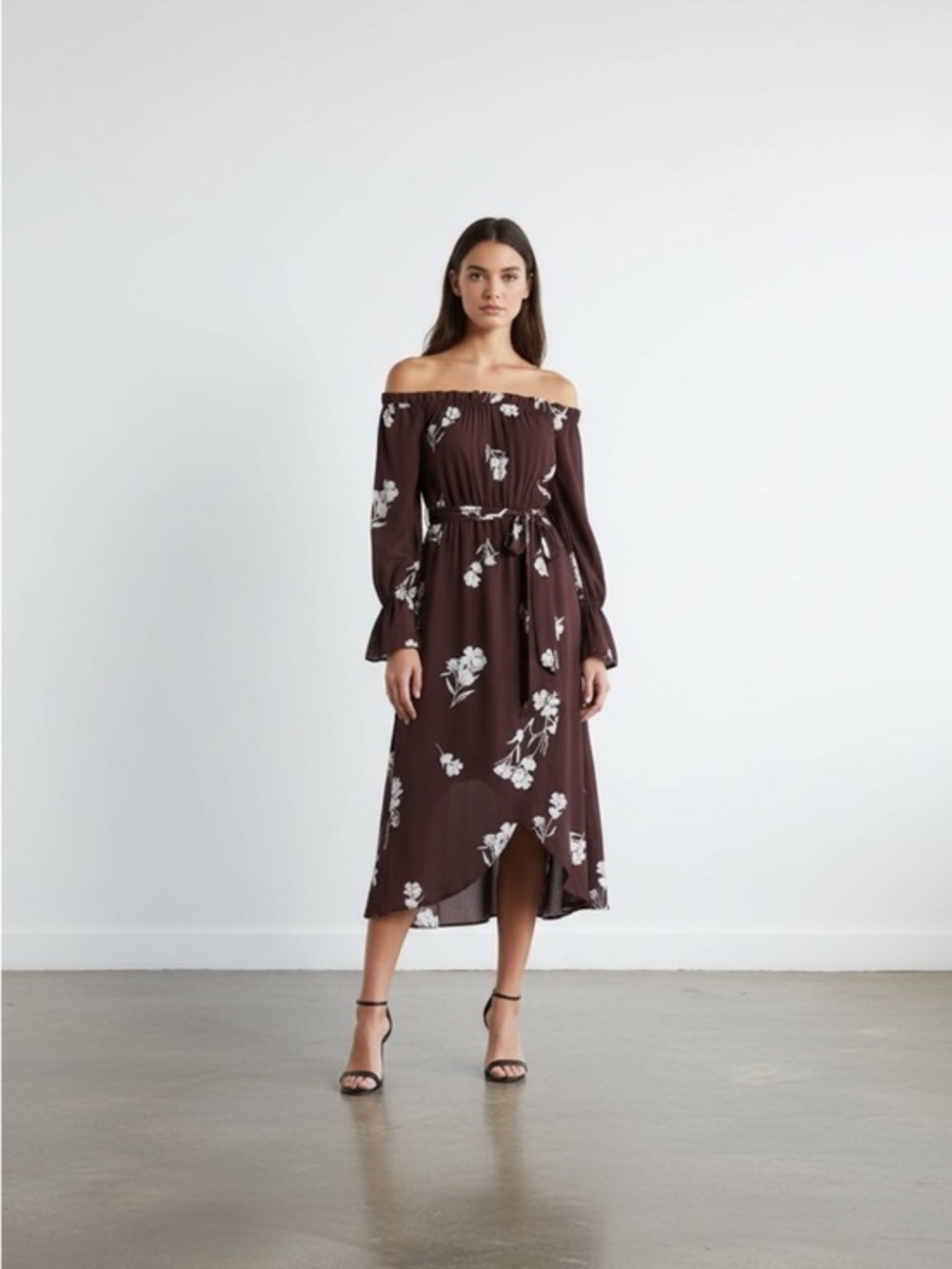 Dress Forum One-Shoulder Brown Floral Midi Dress - Picture 1 of 4